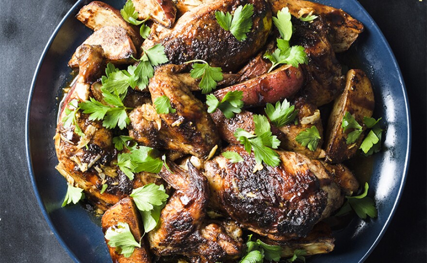 Garlicky Spiced Chicken and Potato Traybake with Pomegranate Molasses