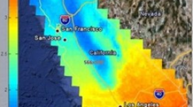 This map shows a screenshot of the Center For Energy Research's Google Earth Map global horizontal incident solar irradiance for the state of California.