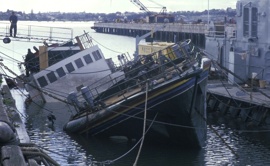 The Greenpeace vessel Rainbow Warrior after an underwater explosion in Auckland, New Zealand, in July 1985.