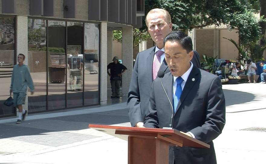 City Council President Todd Gloria and Councilman Kevin Faulconer speak at a press conference about sexual harassment allegations against Mayor Bob Filner, July 22, 2013.