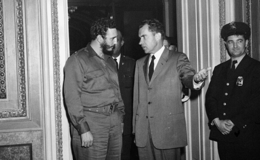 Castro and Vice President Richard Nixon after a nearly 2 ½-hour meeting in Washington on April 19, 1959. Castro described the meeting, scheduled for 15 minutes, as "very friendly." Less than two years later, the U.S. severed ties with Cuba.