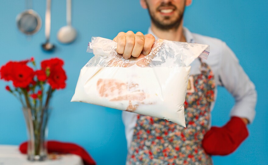 To make Christina Tosi's Bird in a Bag, you'll need a chicken breast or boneless thigh, seasoning, buttermilk (or even bottled ranch dressing), a heavy-duty zip-top freezer bag and a straw.