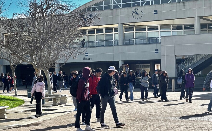 Students change classes on the campus of Scripps Ranch High School, San Diego, Calif., on January 17, 2023.