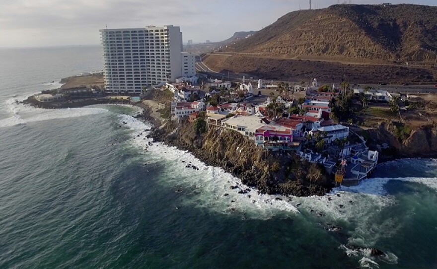 Aerial shot shows Quinta Calafia, a famous hotel and restaurant on the south side of Rosarito, Baja Calif.
