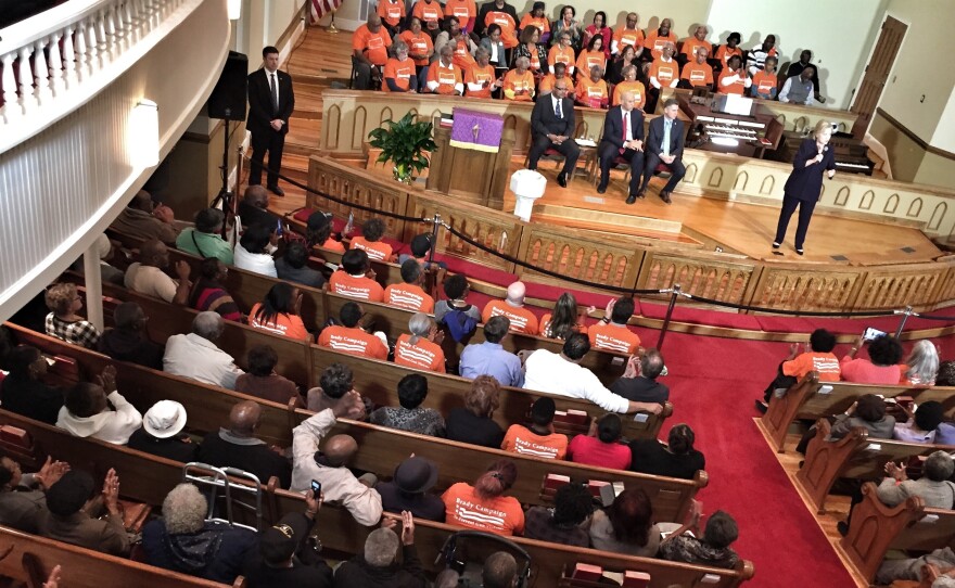 South Carolina churches are a prime spot for Democrats to reach out to African American voters. In this photo, Hillary Clinton campaigns at Cumberland United Methodist Church in 2016.