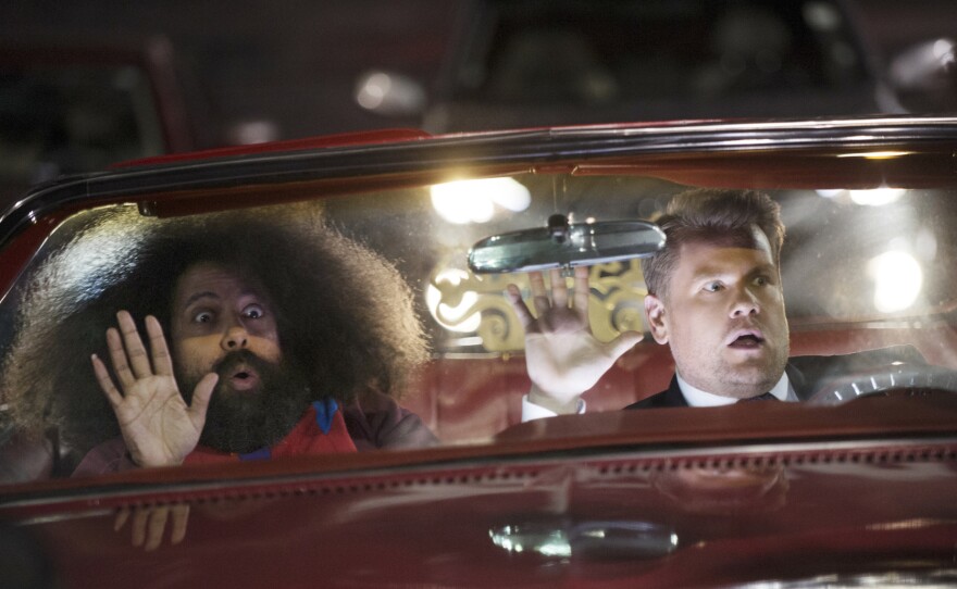 Reggie Watts, left, and James Corden tape the opening sequence for "The Late Late Show with James Corden."