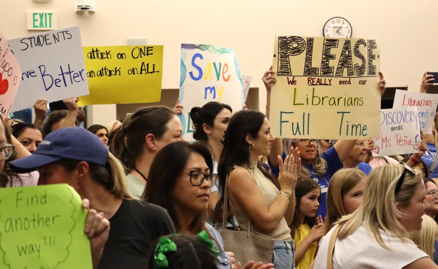 Teachers, students and parents gathered at the San Marcos Unified School District's board meeting on Thursday, Feb. 26, 2026, to speak in support of full-time elementary school librarian positions.