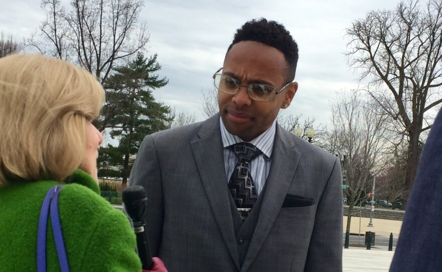 Lester "J.R." Packingham speaks Monday on the front steps of the Supreme Court. He was convicted of statutory rape in 2002, and arrested years later under a law barring sex offenders from social media platforms.