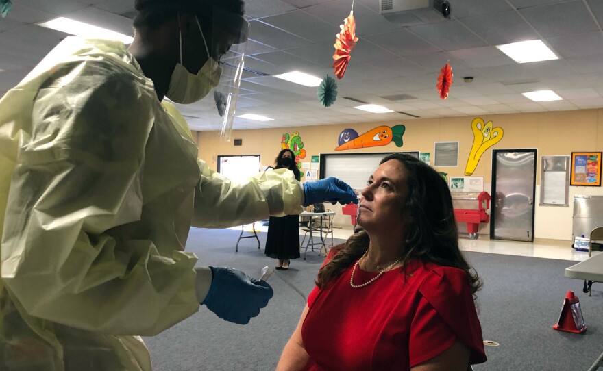 San Diego Unified School District superintendent Cindy Marten is tested for COVID-19 at William Penn Elementary School. Jan. 12, 2021