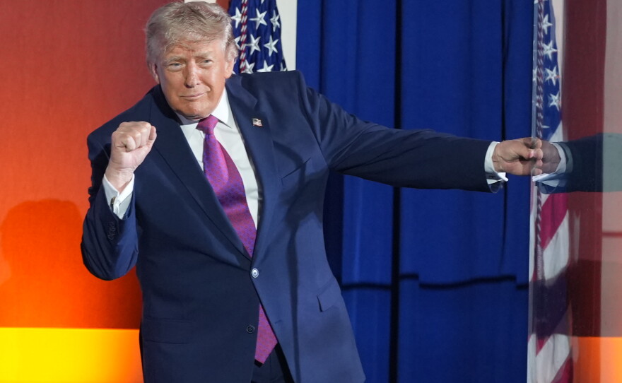 President Trump gestures after speaking at Mount Rushmore National Memorial, Friday, July 3, 2026, near Keystone, S.D.