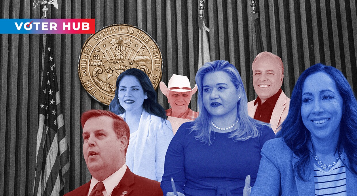 The candidates for San Diego County District 1 supervisor are pictured in this graphic illustration. From left: John McCann, Carolina Chavez, Lincoln Pickard, Vivian Moreno, Louis Fuentes and Paloma Aguirre. A seventh candidate, Elizabeth Efird, is not pictured.