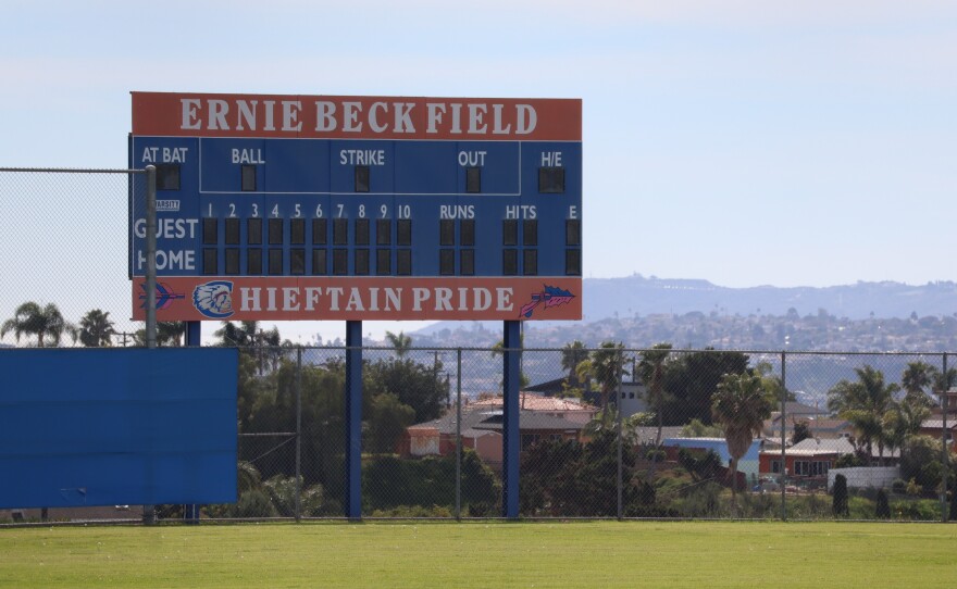 The scoreboard at Clairemont High School's baseball field in San Diego, photographed on Monday, Feb. 23, 2026.