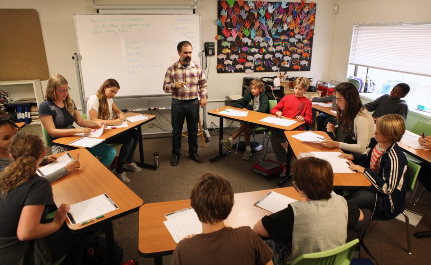 Seventh grade students respond to teacher Tim Ogburn's questions about a Japanese creation myth. Their school, Black Pine Circle, in Berkeley, Calif., follows the Socratic method.