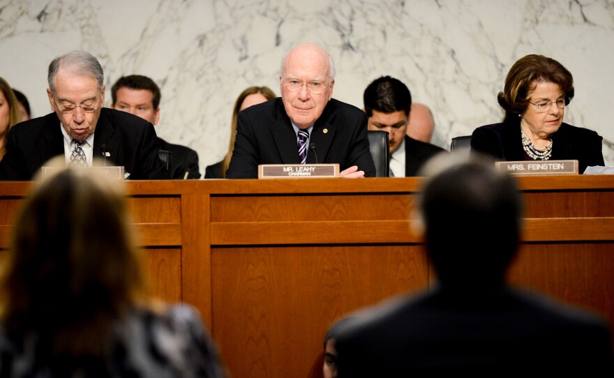 Senate Judiciary Chairman Patrick Leahy, D-Vt. (center), listens to testimony during a hearing on the immigration bill on April 22.