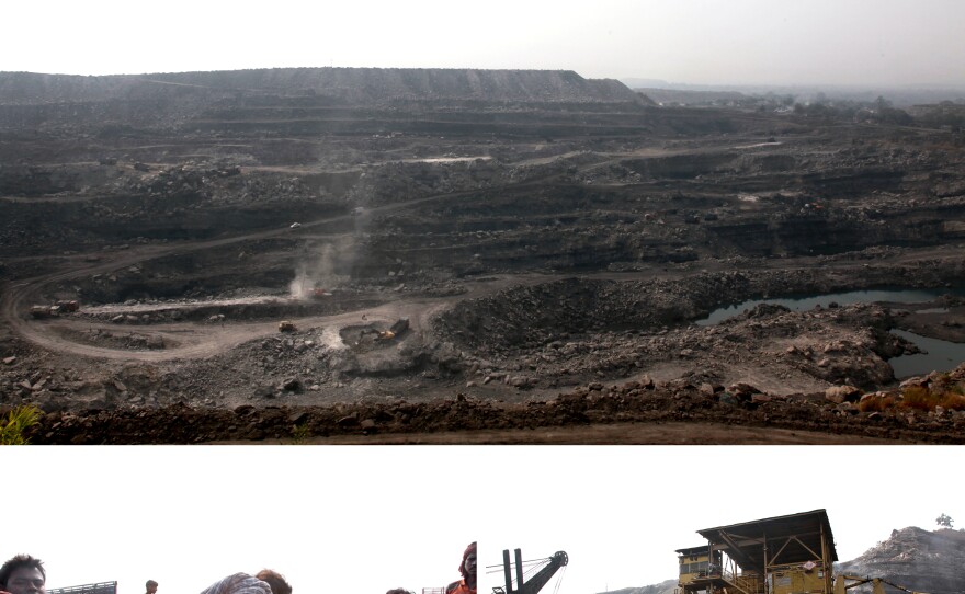 Indian law requires mines to reforest twice the land denuded by surface mining, top. Loaders, bottom left, are employed to lift heavy chunks of coal onto trucks, dangerous work that exposes many to toxins. At right, employees of Central Coalfields, Ltd., stand near an in-pit crusher used in open cast mining. Open pits cost a third of underground mining, but cause more damage to the environment.