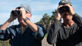 Rick Grove, left, and David Trissel — two of San Diego County's top birders — spot birds near Robb Field in Ocean Beach on Dec. 18, 2025.