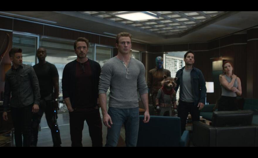 Steve Rogers (Chris Evans, center) and the remaining Avengers try to deal with the loss of their friends and formulate a new plan to defeat Thanos in "Avengers: Endgame."