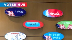 "I voted" signs displayed in different languages on June 5, 2018 with the KPBS Voter Hub overlay.