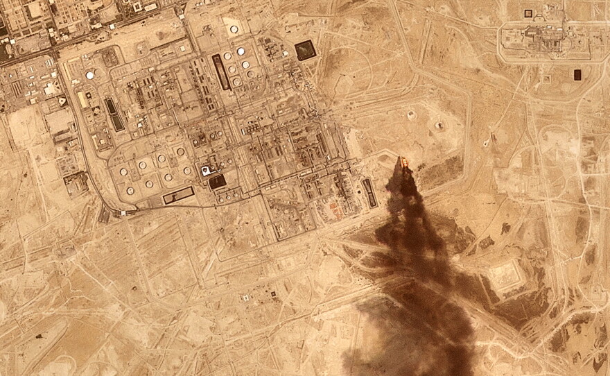 This satellite image provided by Planet Labs PBC on July 27, 2026 shows smoke rising from the Saudi Aramco oil processing facility in Abqaiq, Saudi Arabia, 2026.