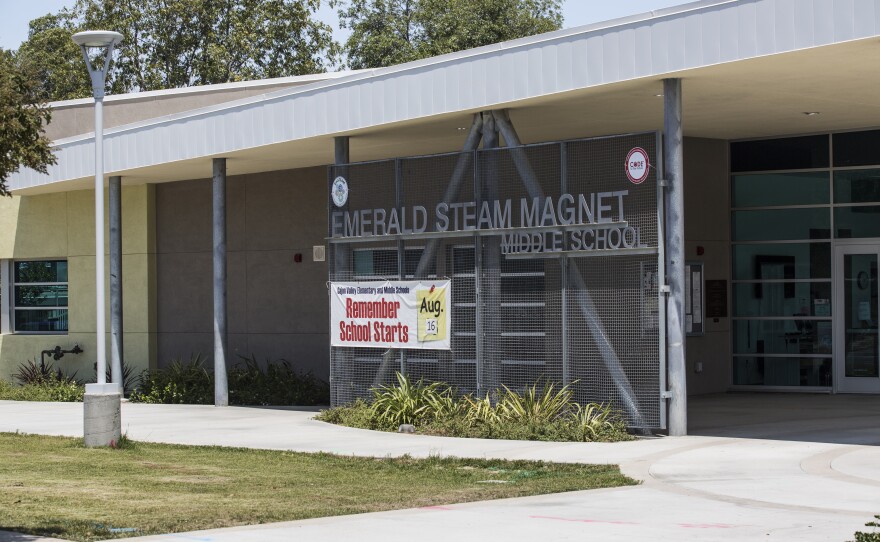 The front entrance to Emerald STEAM Magnet Middle School is shown, July 31, 2017.