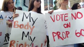 Performers from the adult film industry protest Proposition 60 outside the AIDS Healthcare Foundation in Los Angeles.