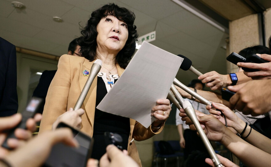 Japan's Finance Minister Satsuki Katayama speaks to reporters at the Finance Ministry in Tokyo Monday, Aug. 3, 2026.