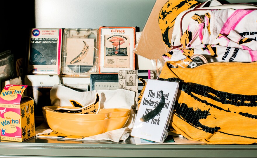 A detail of Satlof's collection of Velvet Underground records and ephemera.