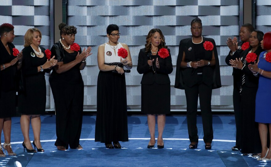 Mothers of the Movement (from left) Maria Hamilton, Annette Nance-Holt, Gwen Carr, Geneva Reed-Veal, Lucia McBath, Sybrina Fulton, Cleopatra Pendleton-Cowley, Wanda Johnson and Lezley Mc Spadden take the stage on the second evening of the Democratic National Convention.