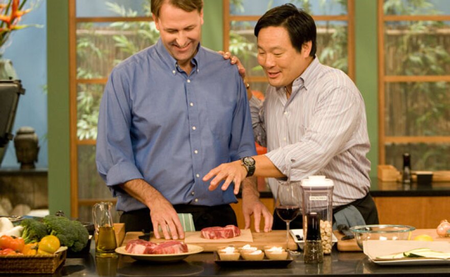 Chef Ming Tsai (right) zeroes in salting with the ultimate scrutinizer of cooking techniques, author and chef Michael Ruhlman (left).