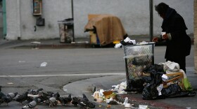Pigeons feed on scraps of a pizza as a homeless person looks for food in a trash can. 