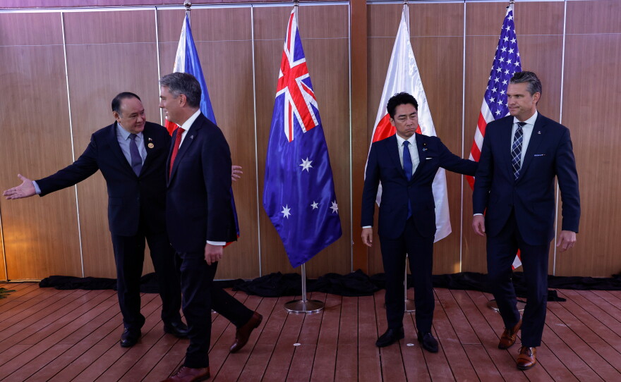 From left, Philippines Defense Secretary Gilberto Teodoro, Australia Defense Minister Richard Marles, Japan Defense Minister Shinjiro Koizumi and U.S.Defense Secretary Pete Hegseth prepare to leave after posing for pictures before holding a Quadrilateral Meeting on the sidelines of the 20th Association of Southeast Asian Nations (ASEAN) Defence Ministers' Meeting (ADMM) and 13th ADMM-Plus Meetings in Cebu, Philippines, Wednesday, Oct. 28, 2026.