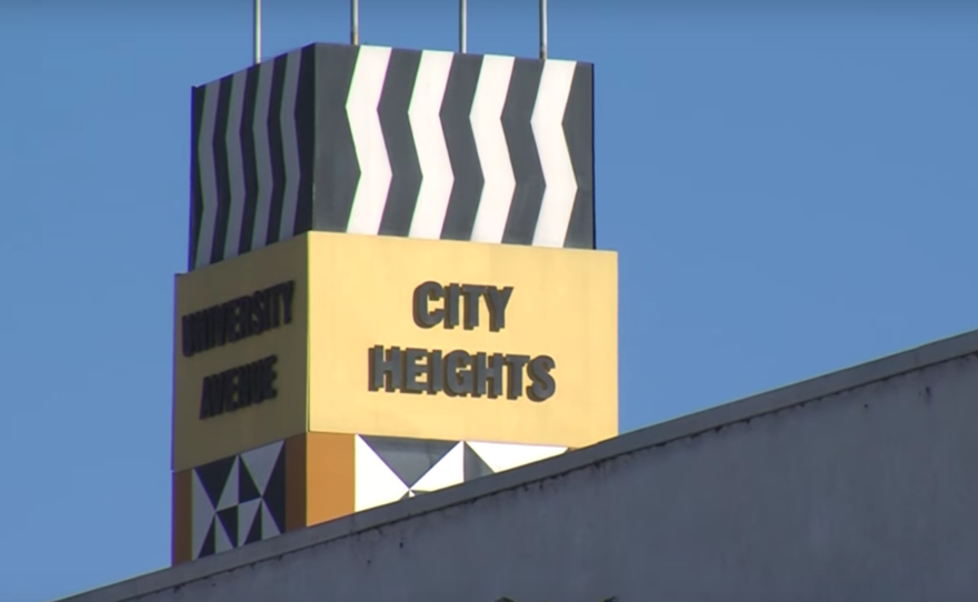 A colorful pillar in City Heights identifies the San Diego neighborhood.