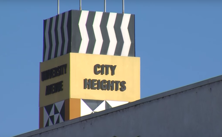 A colorful pillar in City Heights identifies the San Diego neighborhood. 