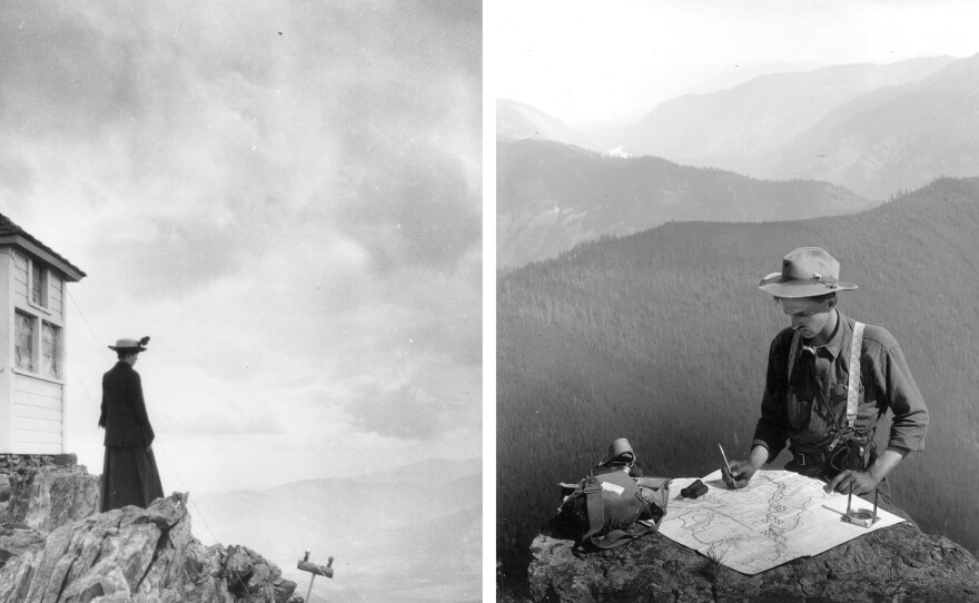 Left: A fire lookout stands next to the Twin Sisters lookout station in Colorado in 1917. Right: Forest Ranger Griffin locates the distance of a forest fire on a map near the Mt. Silcox lookout station in Montana in 1909.