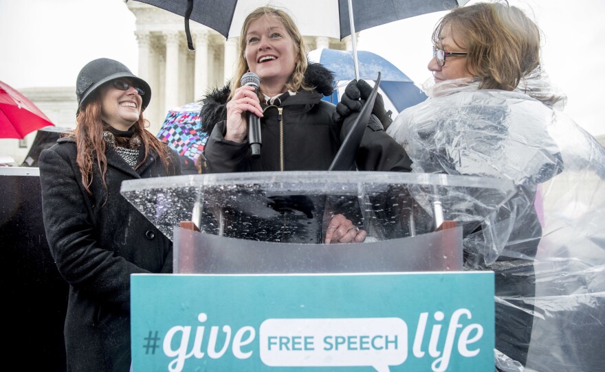 March for Life President Jeanne Mancini, center, speaks at a anti-abortion rally outside the Supreme Court in Washington, D.C., Tuesday, March 20, 2018.