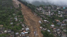 An aerial view shows a neighborhood affected by landslides in Petropolis, Brazil, on Wednesday.