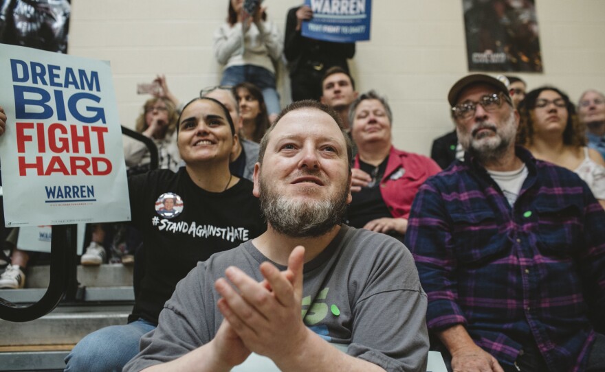 The crowd at Warren's campaign stop at an elementary school in Columbus, Ohio, on May 10. Here, as at her previous stop in West Virginia, Warren spoke extensively about the opioid crisis and how it has affected each of the places she visited.
