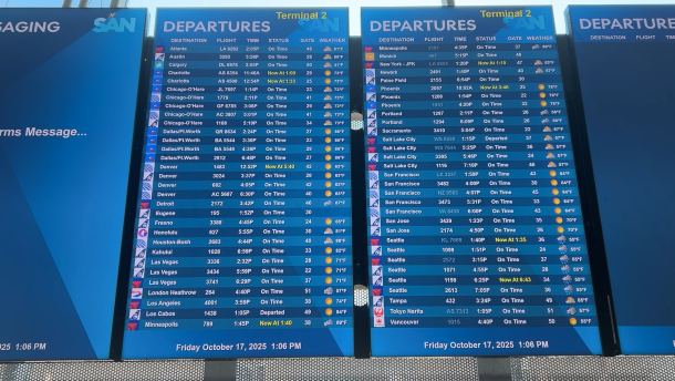The Departures board at the San Diego International Airport on October 17, 2025