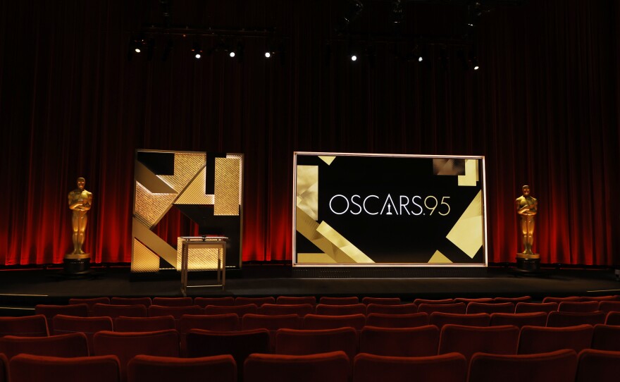 A view of the podium and the Oscar statue before the announcement of the 95th Academy Award nominations at Samuel Goldwyn Theater on Jan. 24, 2023 in Beverly Hills, Calif.
