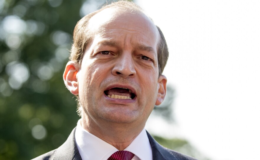 Alex Acosta said Friday he is stepping down as labor secretary so his handling of a 2008 prosecution of Jeffrey Epstein won't distract from the U.S. economy's "amazing" performance.