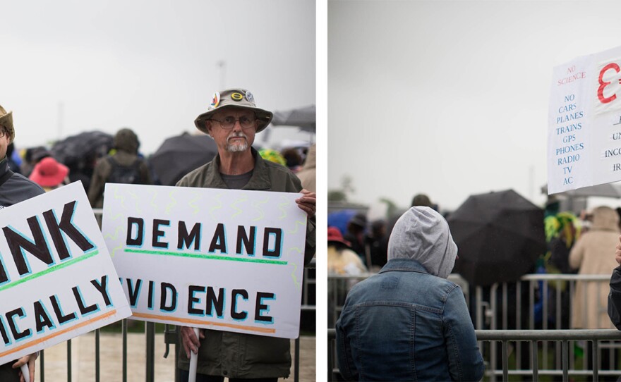 (Left) Tim Baird, Art Sinclair and Jay Sinclair say their lifelong love for science brought them to the march. (Right) Marvin Blecher made his sign. "I think this is perhaps the most recognized scientific equation. I haven't found anybody that would argue with it. It's nonpolitical. It works," he says.