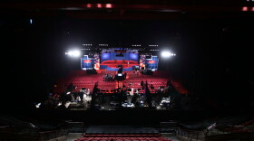  Workers prepare for the Presidential Debate at the University of Denver on October 3, 2012 in Denver, Colorado.