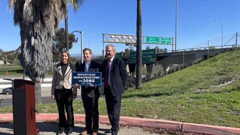 From left to right, Encinitas Mayor Catherine Blakespeare, U.S. Representative Mike Levin (D-CA 49) and San Diego County Supervisor Jim Desmond are pictured in front of the I-5 and SR-78 interchange following a press conference, Jan. 24, 2022.