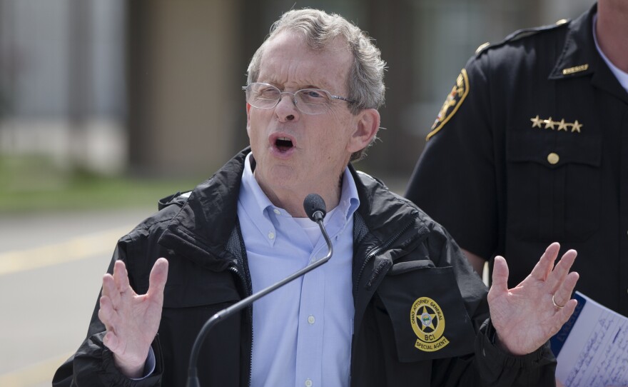 Ohio State Attorney General Mike DeWine speaks during a news conference on Wednesday in Waverly, Ohio.
