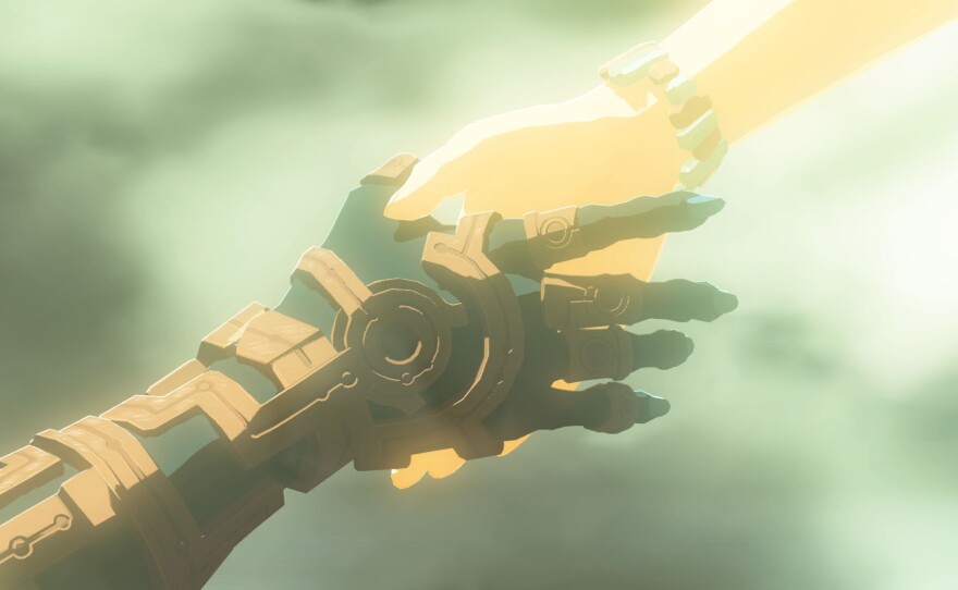 Link and Zelda join hands.