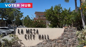 The Voter Hub logo is overlayed on the top left over a photo of a sign of La Mesa City Hall located on Allison Avenue. Photo taken Sept. 24, 2025.