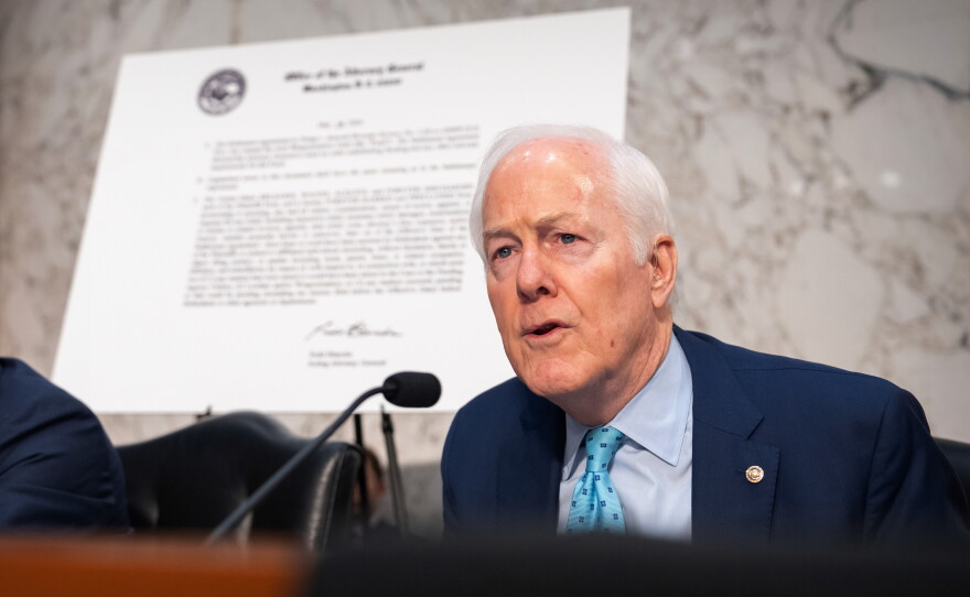 Sen. John Cornyn, R-Texas, speaks during a hearing of the Senate Judiciary Committee with Acting Attorney General Todd Blanche on Capitol Hill in Washington, Wednesday, July 15, 2026. 