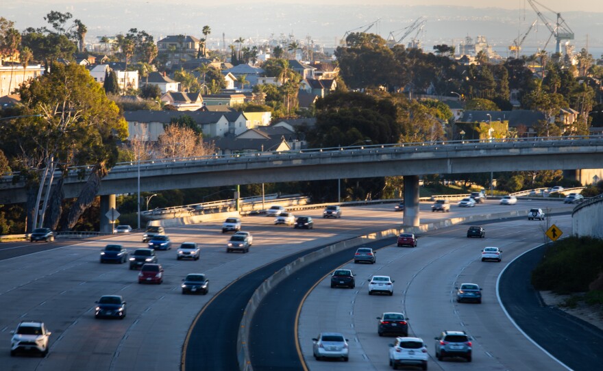 Vehicles move along Interstate 5 near downtown San Diego, Jan. 4, 2022. License plate readers are used to track vehicles throughout San Diego County.