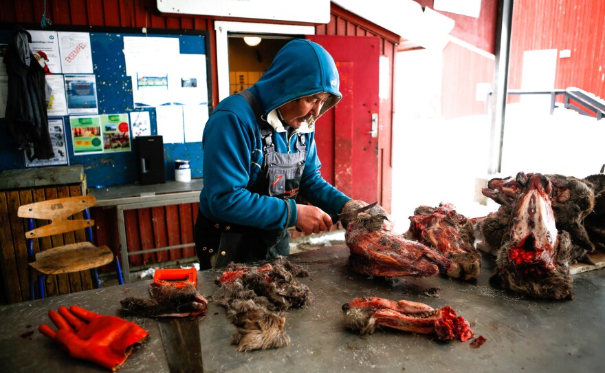 Butcher Joel Jorgensen skins reindeer heads at a roadside market in Nuuk.