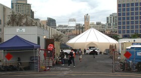 The tent on 16th Street and Newton Avenue in Barrio Logan currently shelters homeless adults and veterans, Dec. 2, 2014.